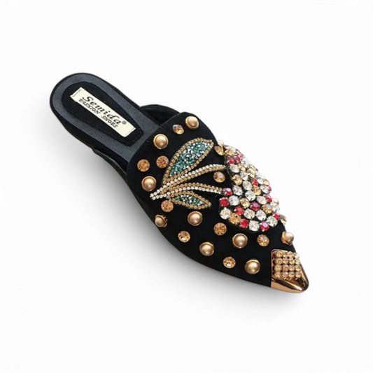 Black velvet‑look mule with crystal and gold studs, angled top view