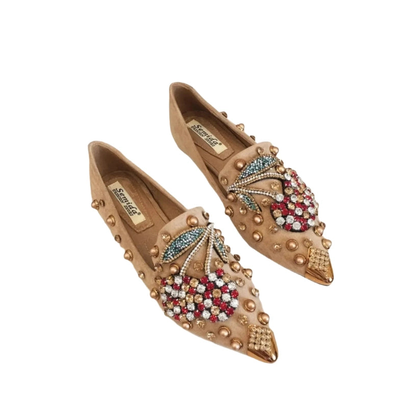 Camel suede‑look mules with multicolor crystals, top view