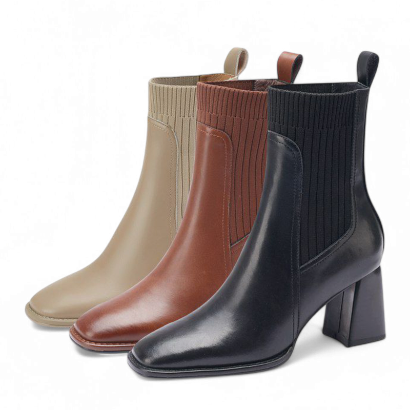 Side profile of Elomda boots in three tones, highlighting the structured shape and color variety.