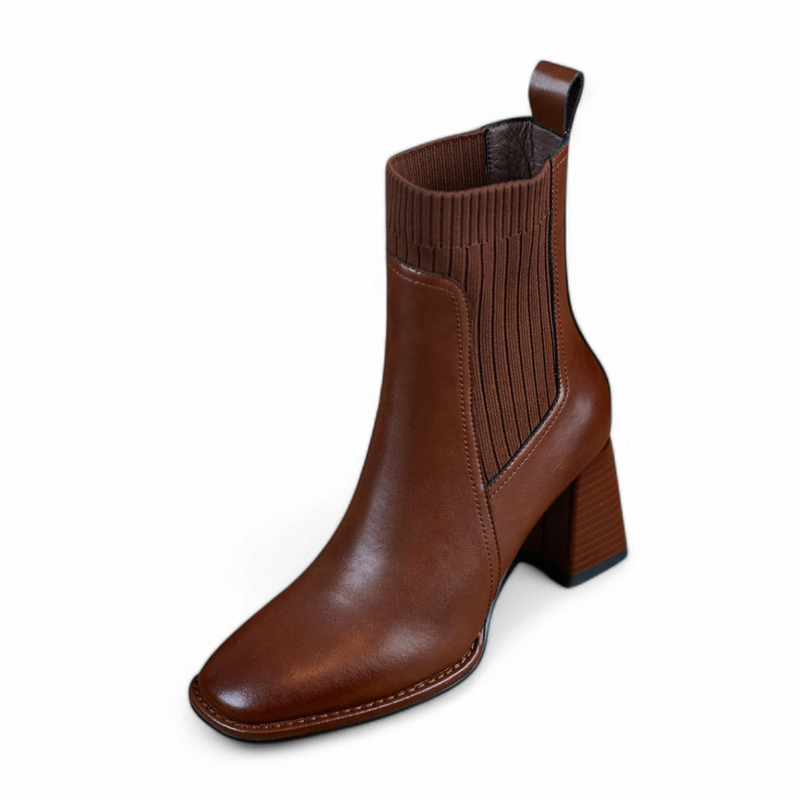 Merendy Elomda Slip-On, Square Toe, 5cm Square Heel Brown Chunky Leather Chelsea Boots