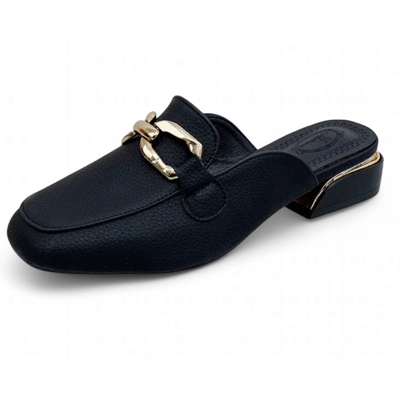 Three-quarter studio view of black leather mule with gold hardware.
