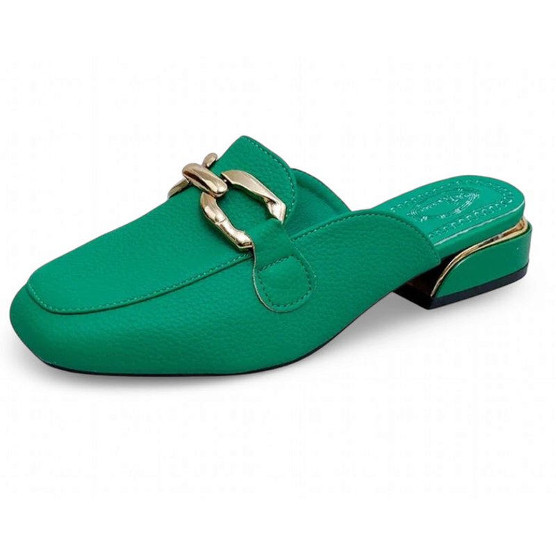 Emerald-green leather mule with bamboo-style buckle and low heel.