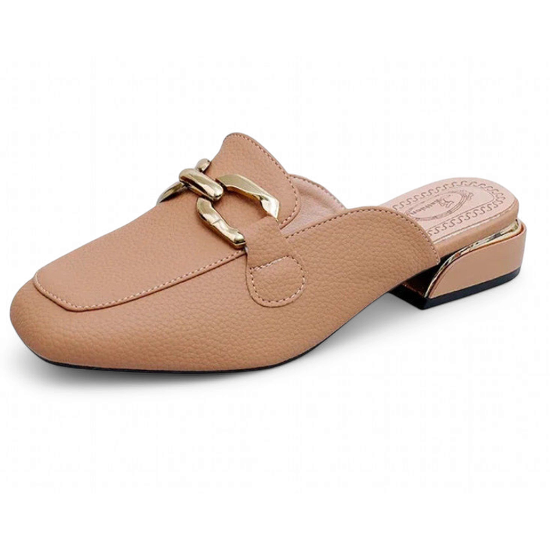 Nude-beige leather mule, round toe, square gold-tipped heel.