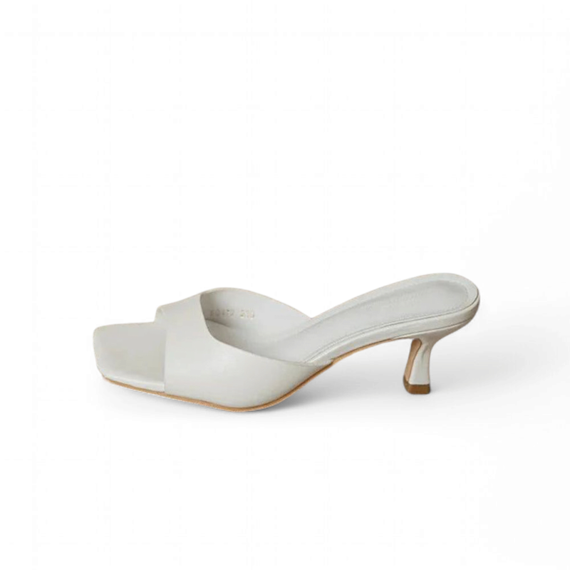 Side product shot of Quill Gray kitten-heel sandal with square open toe, white background