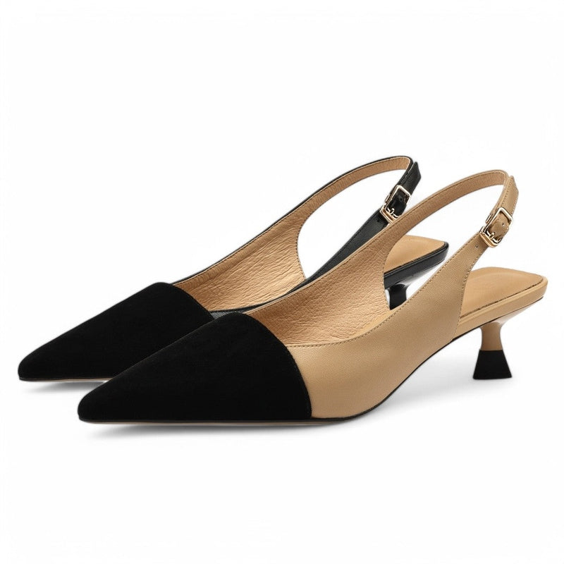 Three-quarter side angle highlighting full pair, black toe and khaki body.