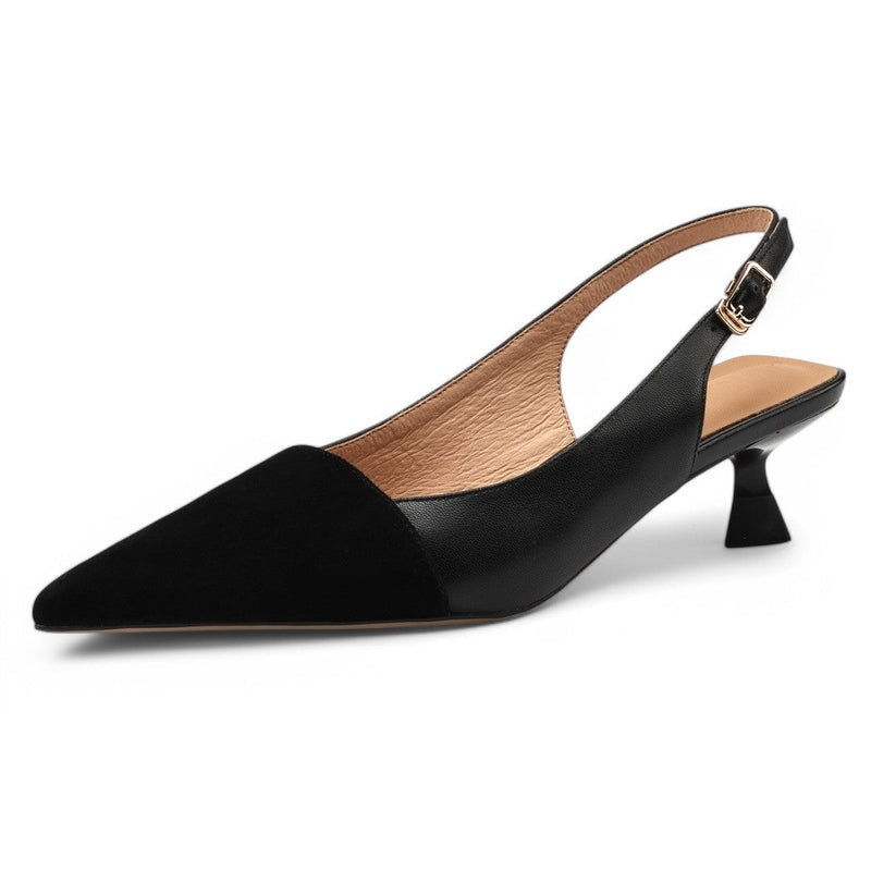 Side image of a black slingback shoe featuring a tapered kitten heel and a small metal buckle on the rear strap.