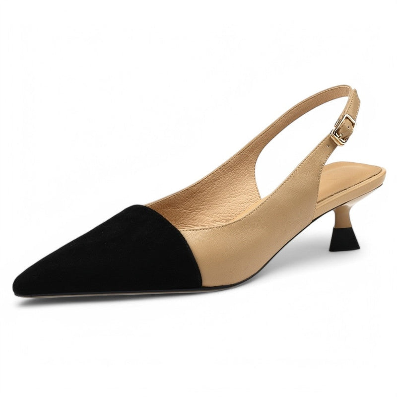 Single shoe in side profile showing smooth lines and straight kitten heel.