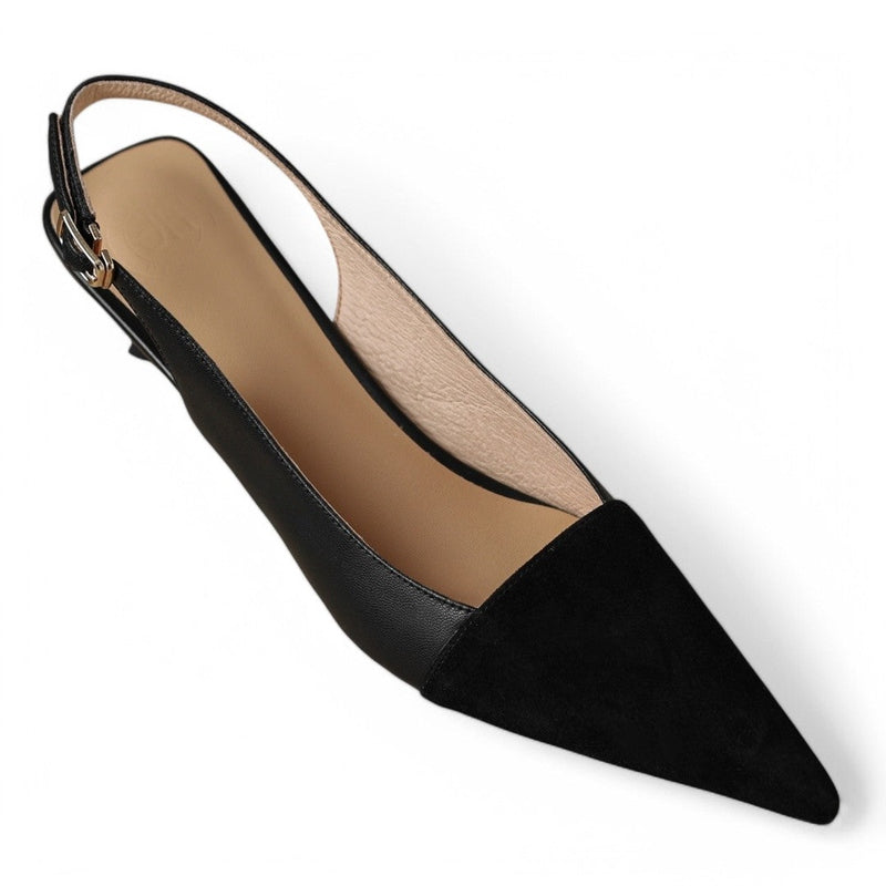 Overhead shot of a single black shoe with a pointed suede toe and smooth leather body, softly cushioned inside.









