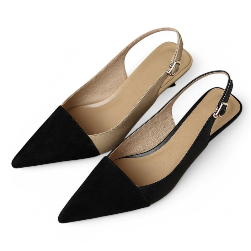 Top view of a slingback pair with black suede cap toes, khaki leather uppers, and adjustable back straps.