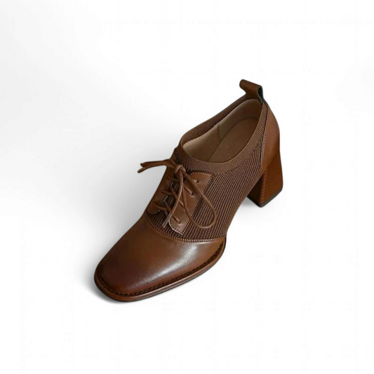 Brown lace-up ankle shoe with square toe, knit mid-panel, block heel; white background.