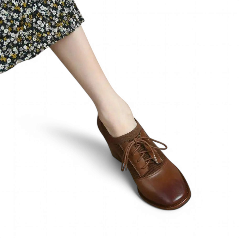 Brown leather ankle shoe with knit mid-panel, square toe, block heel; on-foot side view.
