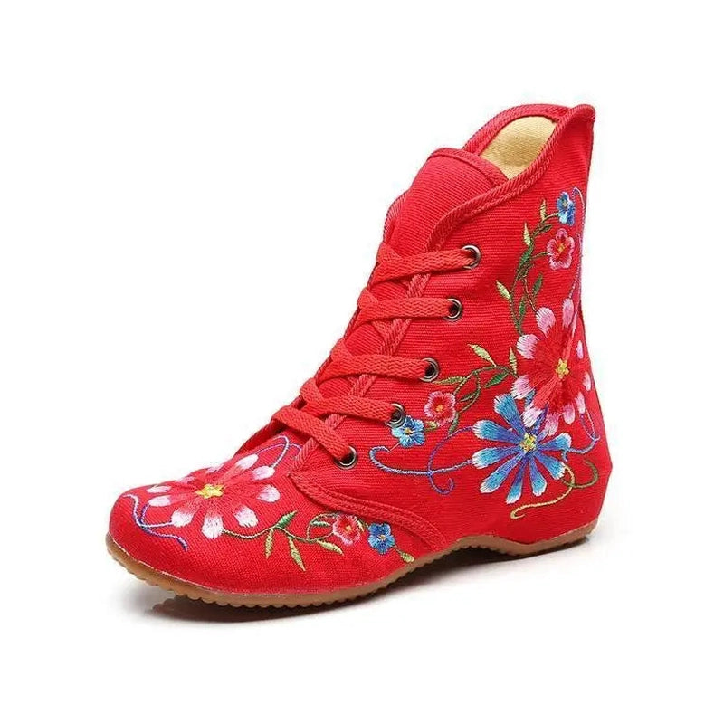 Single red boot displaying stitching, laces, and round toe profile.
