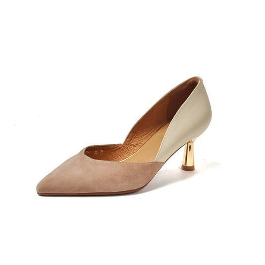 Single khaki‑and‑cream kitten‑heel pump isolated on white