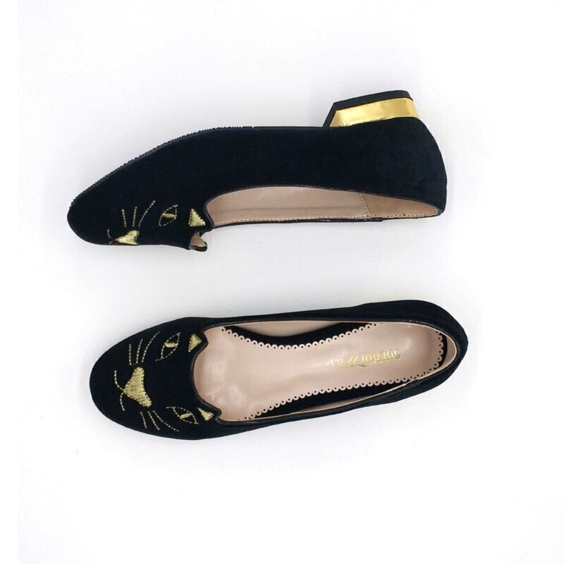 Top flatlay of the black suede flats showing the cat motif and gold-backed low heel.