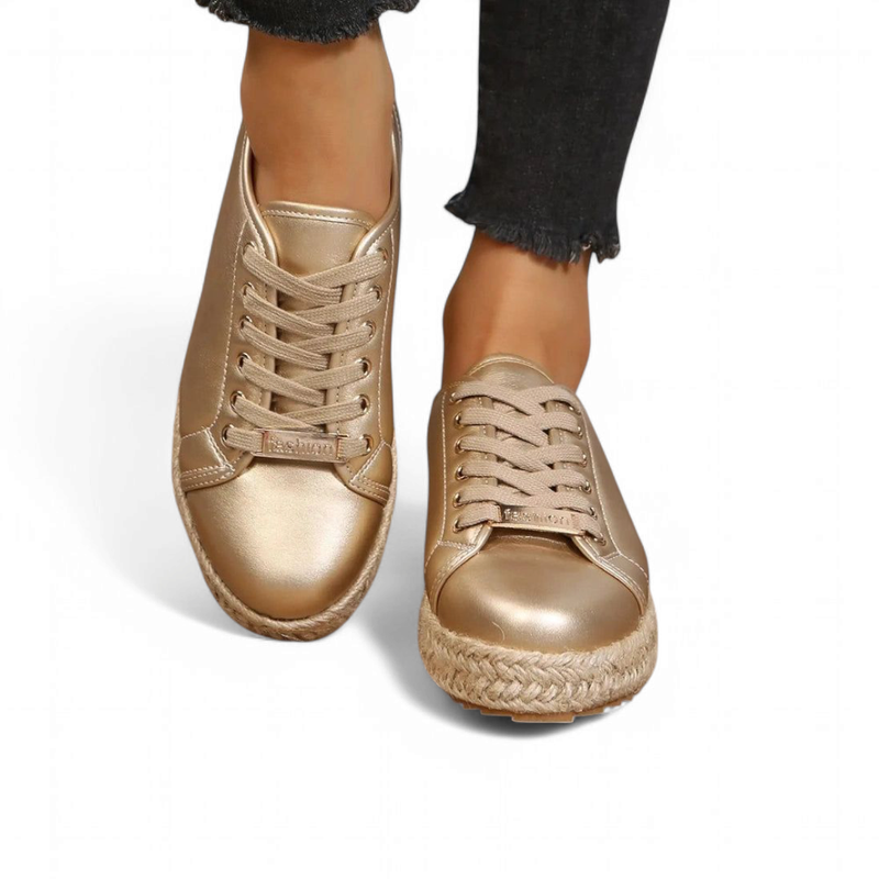 Front view of the pair showing crossed laces and slightly raised flat platform.


