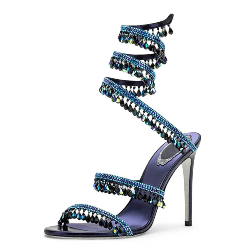 Single blue satin wrap sandal with iridescent black crystal drops