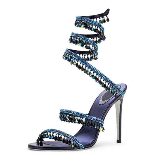 Single blue satin wrap sandal with iridescent black crystal drops