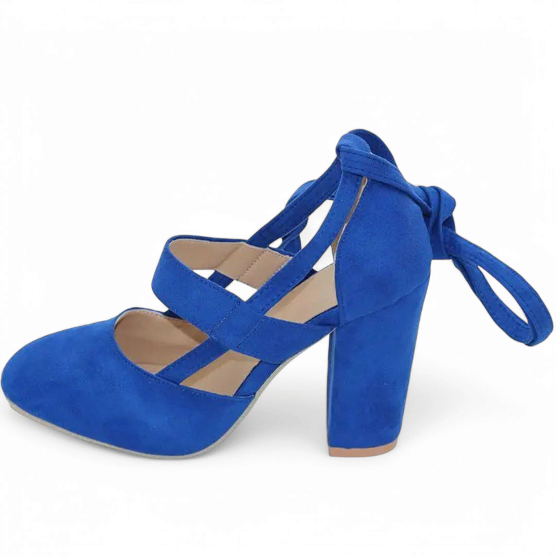 Royal-blue pair in profile with bow at back and closed toe.