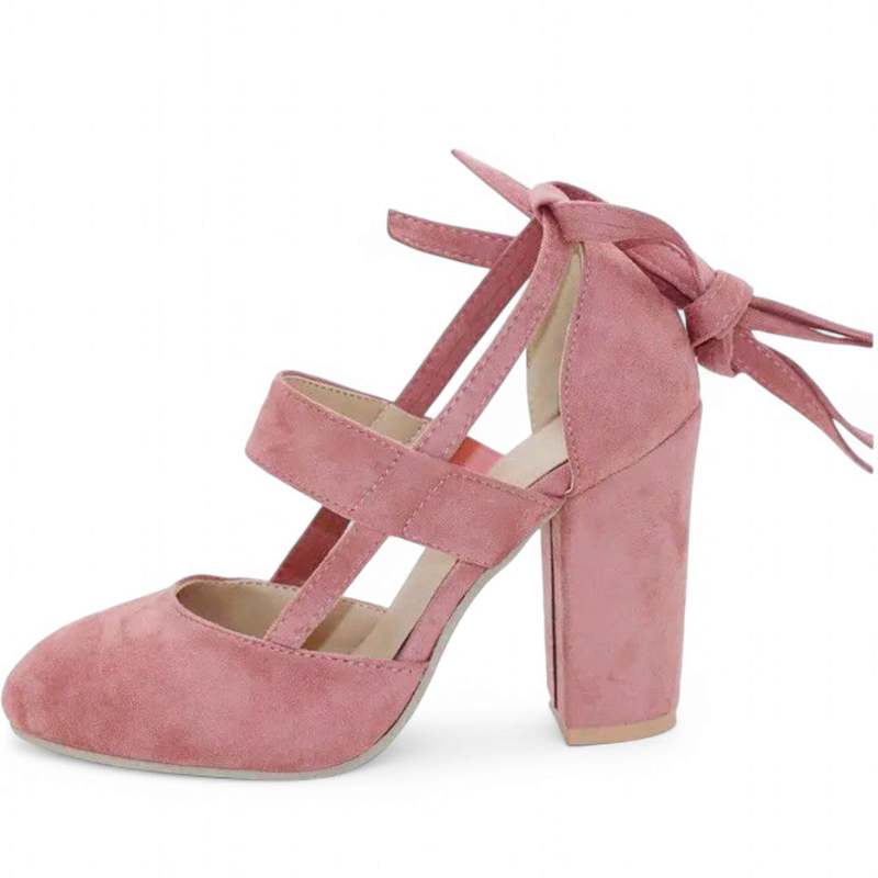 Pink faux-suede version showing block heel and criss-cross straps.