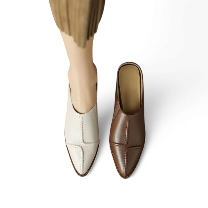 Top view showing ivory mule worn and brown mule beside it