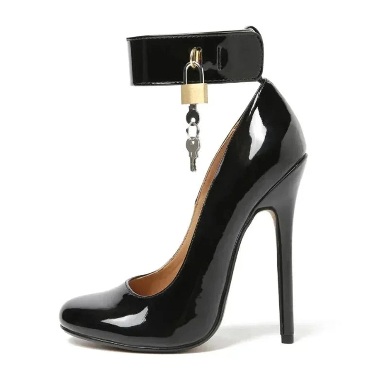 Side profile of a black patent pump showing strap padlock and high stiletto heel.