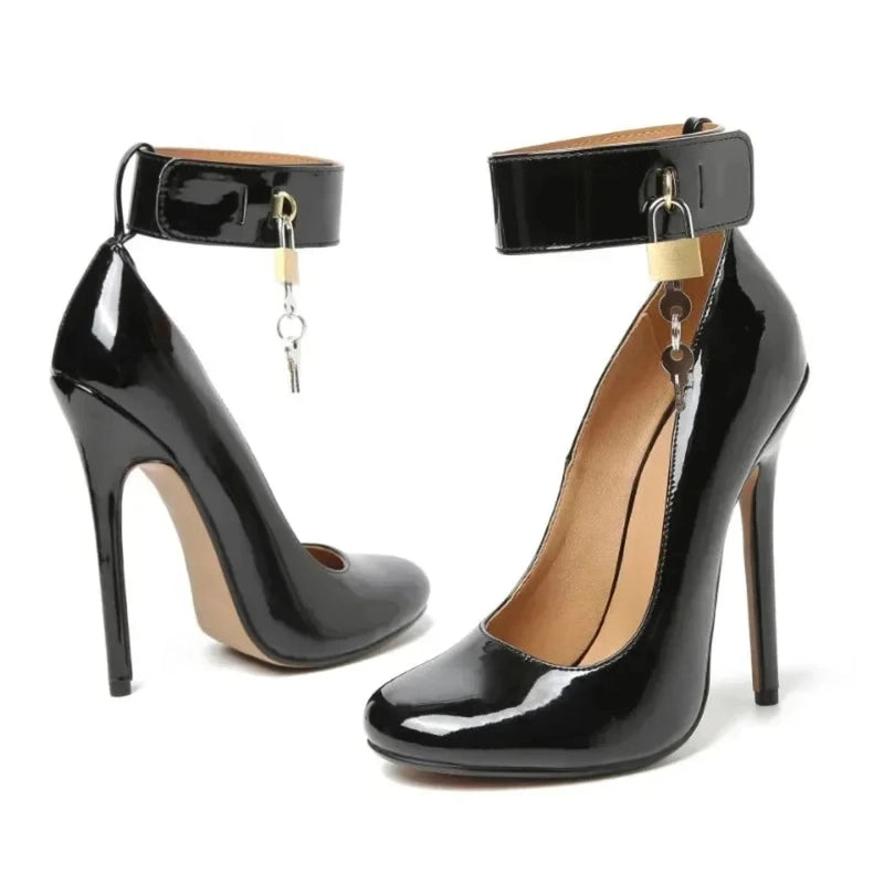 Two black patent pumps, one frontal and one rear, both with padlocked straps