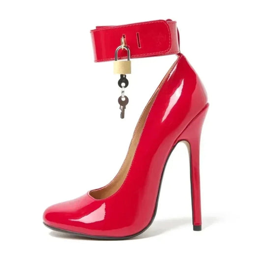 Single red patent pump showing round toe, ankle padlock strap and stiletto heel.