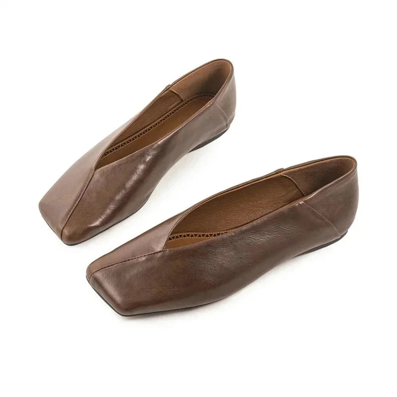 Coffee-brown square-toe flats on white background