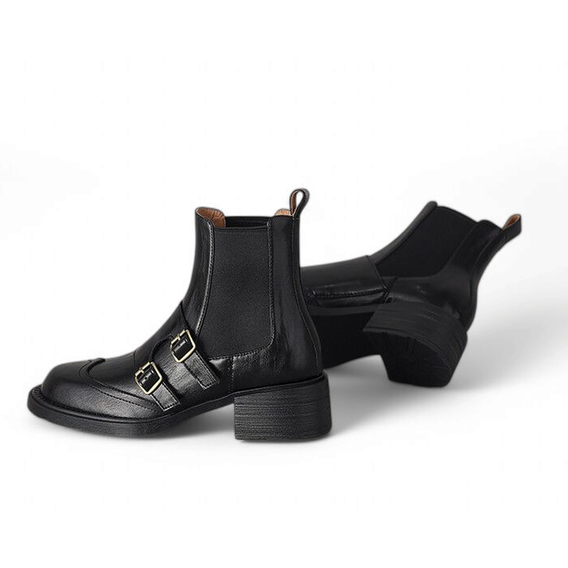 Merendy Marmosh Slip-On Round Toe 4.5cm Square Heel, Belt Buckle Black Chunky Leather Chelsea Boots