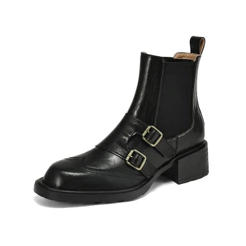 Side View of Merendy Marmosh Slip-On Round Toe 4.5cm Square Heel, Belt Buckle Black Chunky Leather Chelsea Boots