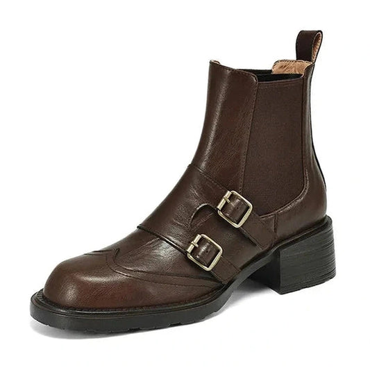 Side view of Merendy Marmosh Slip-On Round Toe 4.5cm Square Heel, Belt Buckle Brown Chunky Leather Chelsea Boots