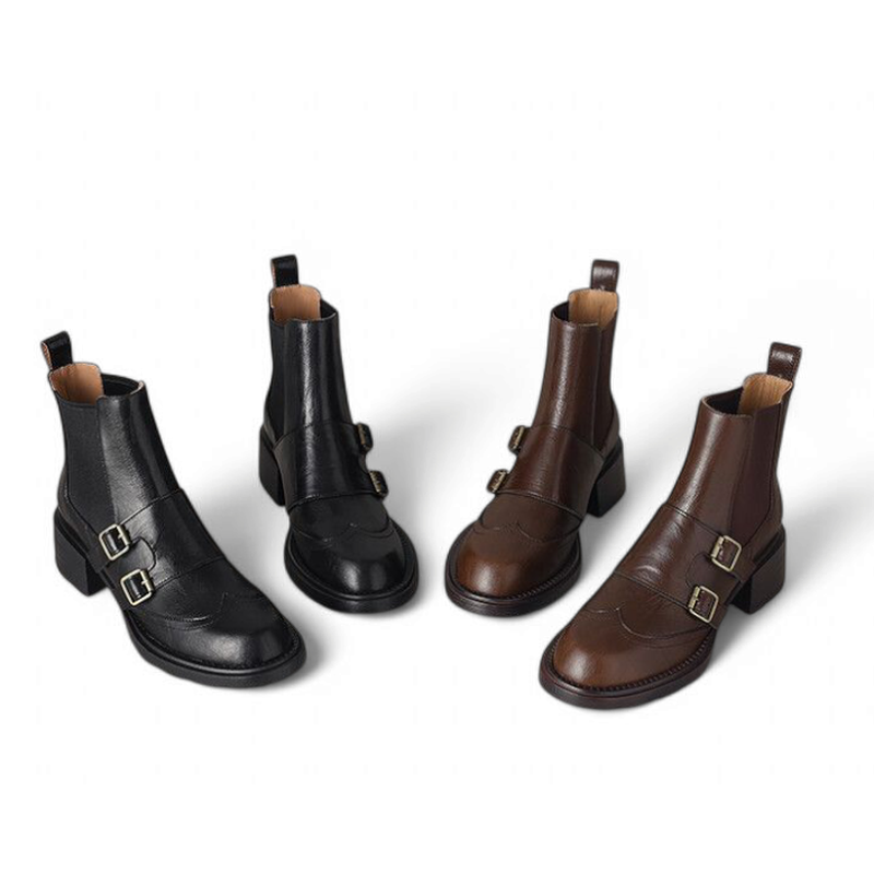 Merendy Marmosh Slip-On Round Toe 4.5cm Square Heel, Belt Buckle Brown and Black Chunky Leather Chelsea Boots