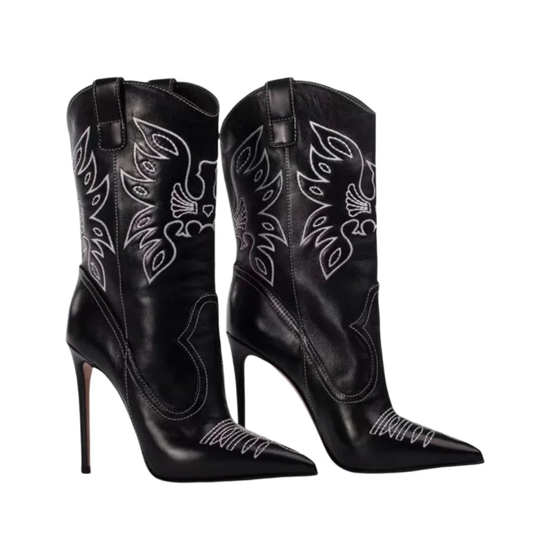 Mid-height black boot with soft golden embroidery, pointed toe, and a slim stiletto heel