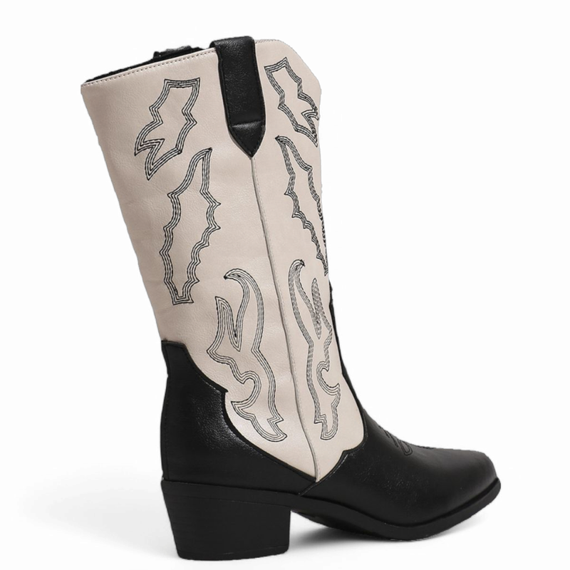 Side view displaying the mid block heel and decorative panels.