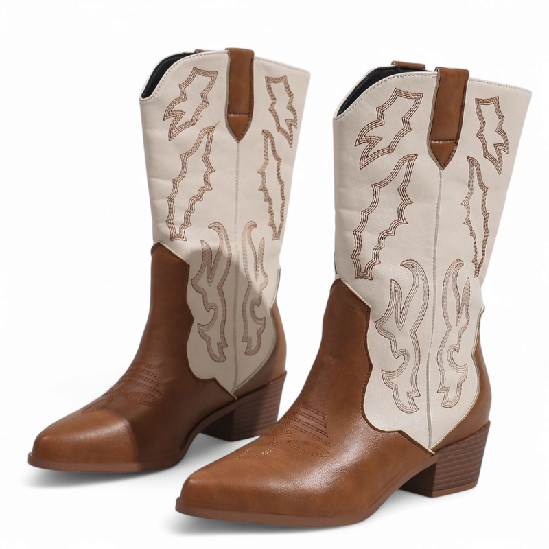 Brown & cream boots with coordinated stitching and tapered square toe, three-quarter view.
