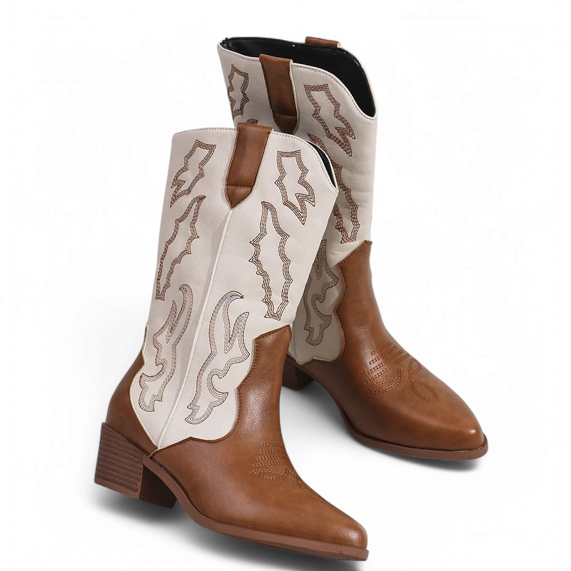 Rear-side view highlighting color contrast and mid block heel.

