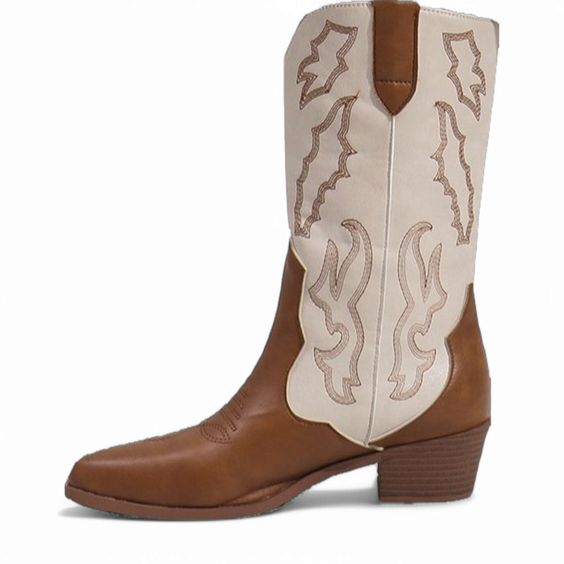 Side profile with graphic embroidery and a mid block heel.