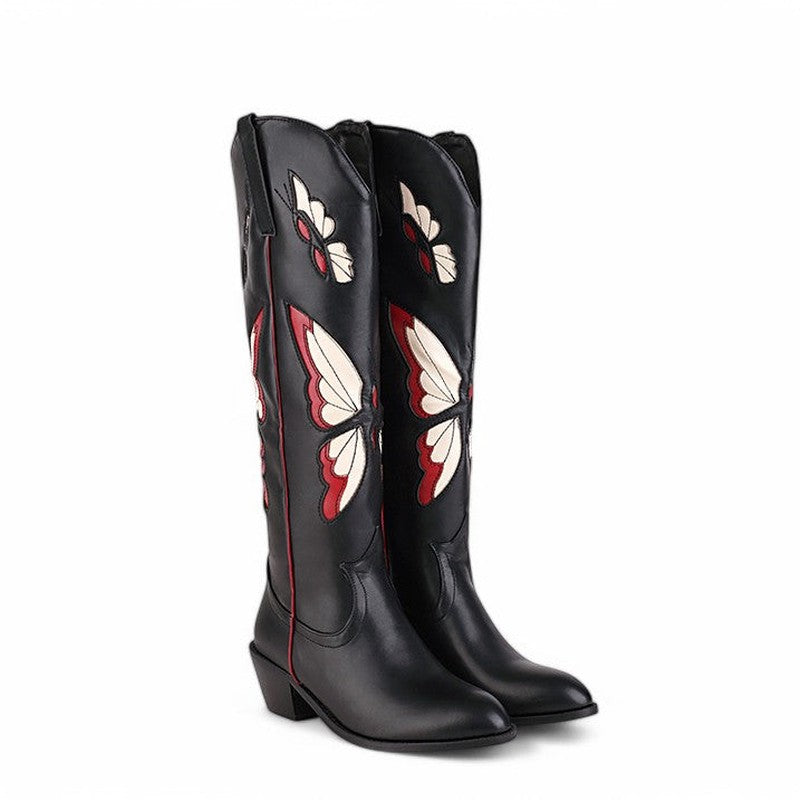 Black boots with red butterfly inlay, medium heel, red side piping.

