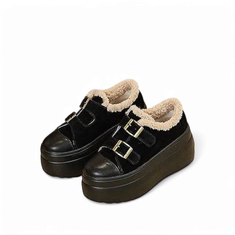 Black pair on white background; faux-shearling collar; adjustable twin straps.