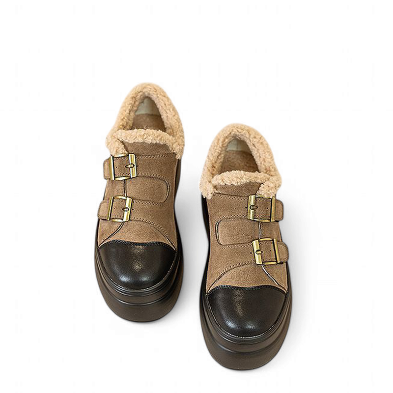 Top view showing two buckles, black cap toes and padded collar.