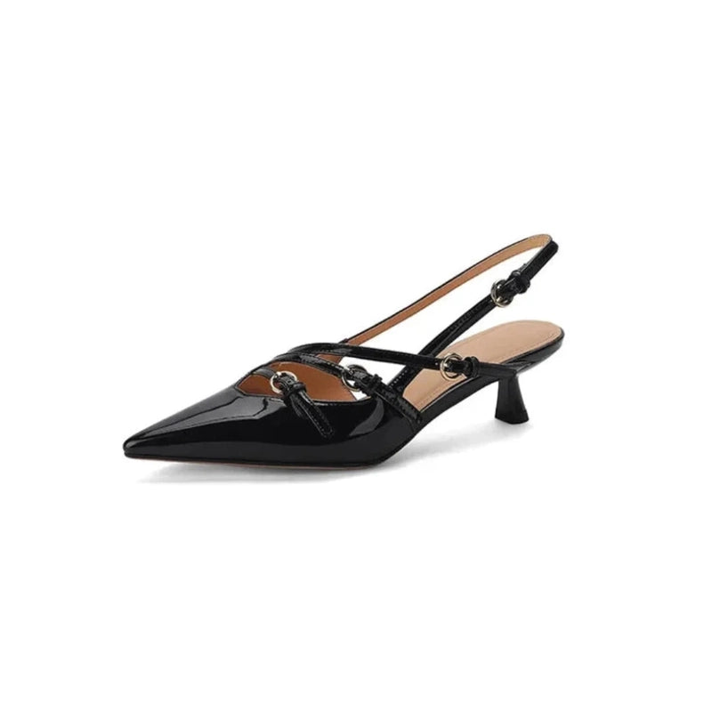 Single black patent pump, angled view with slingback and kitten heel.