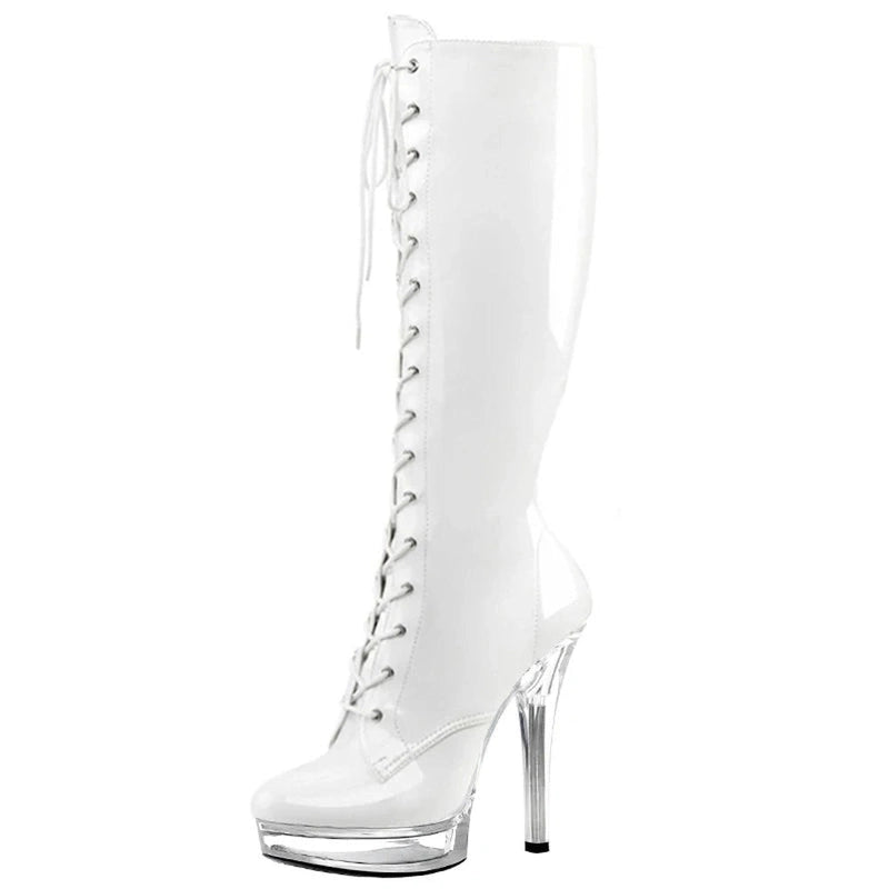 Merendy Roney white boots in side view with transparent heel and platform sole