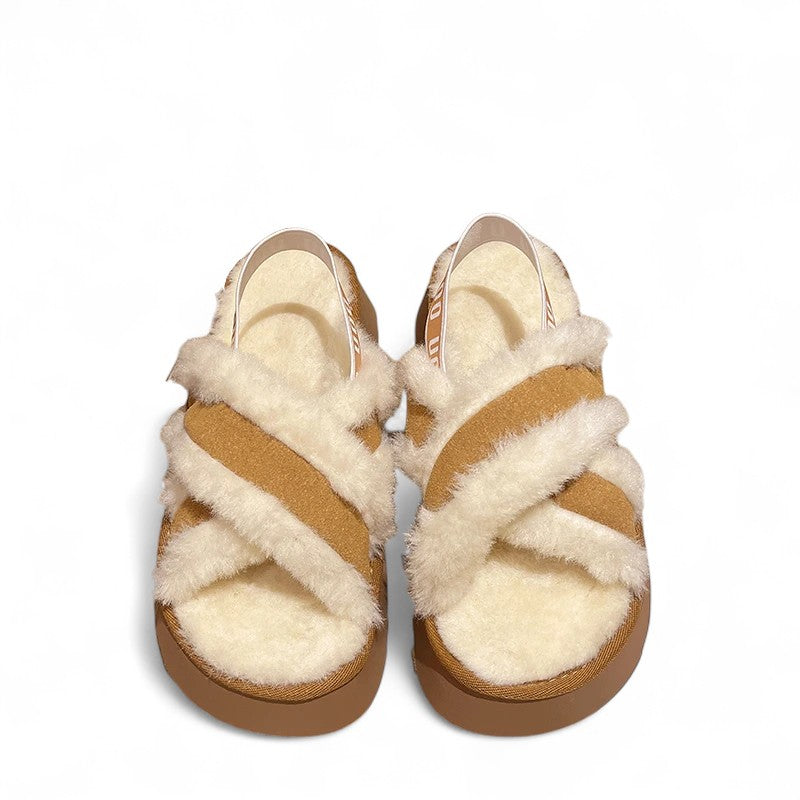 Pair of slippers criss-cross faux-fur straps elastic back strap padded footbed top-down view on white background.