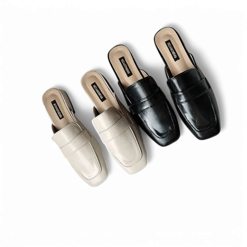 two mule pairs in black, beige laid out in a fan shape