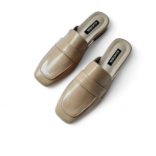 Caramel mule pair with slight side angle highlighting the low square heel