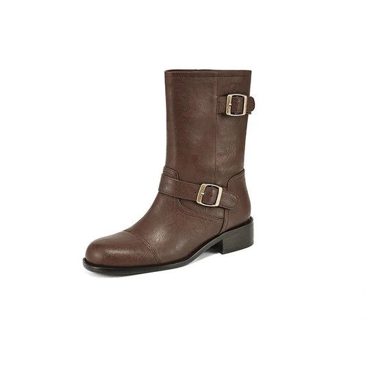 Side Profile of  Merendy Sahla Round Toe Low Heel Wide-Calf Brown Boots 