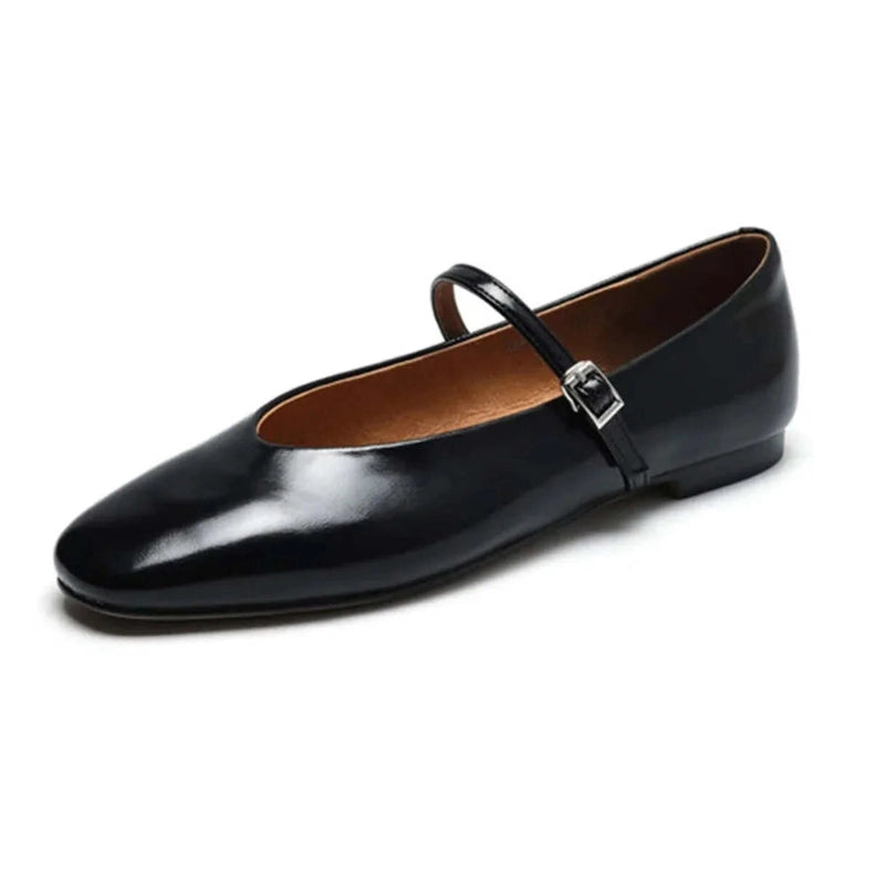 Black leather Mary‑Jane with slim flat heel on white background