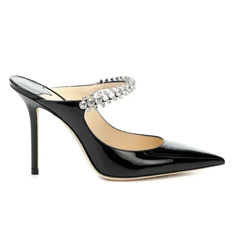 Black patent mule with pointed toe and 9 cm stiletto heel, profile