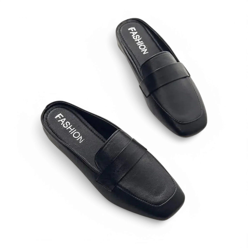Top view of a pair of black Merendy Snow slip-on square-toe mules with a wide vamp strap detail.
