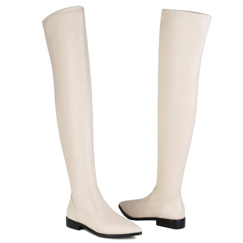Beige Merendy Solilman thigh-high boots shown as a pair, positioned in opposite directions to highlight the pointed toes and smooth over-the-knee silhouette.